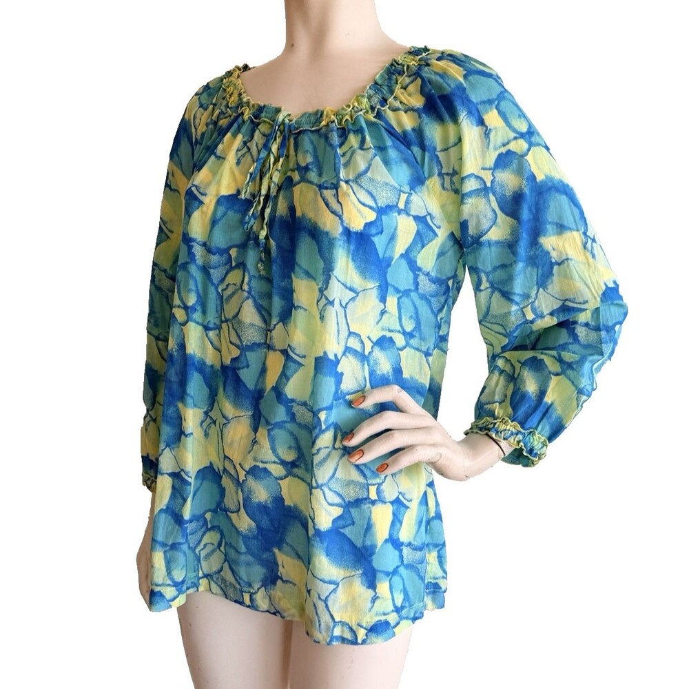 FRESH PRODUCE Top Blue Yellow Floral Watercolor Off the Shoulder Tunic Size M
